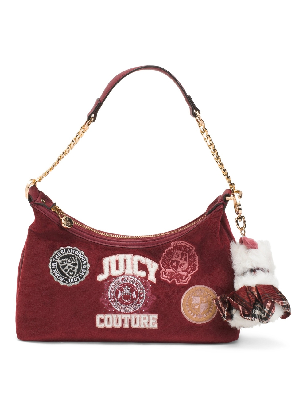 Juicy Couture Burgundy Patchwork Velvet Shoulder Bag with Gold Chain